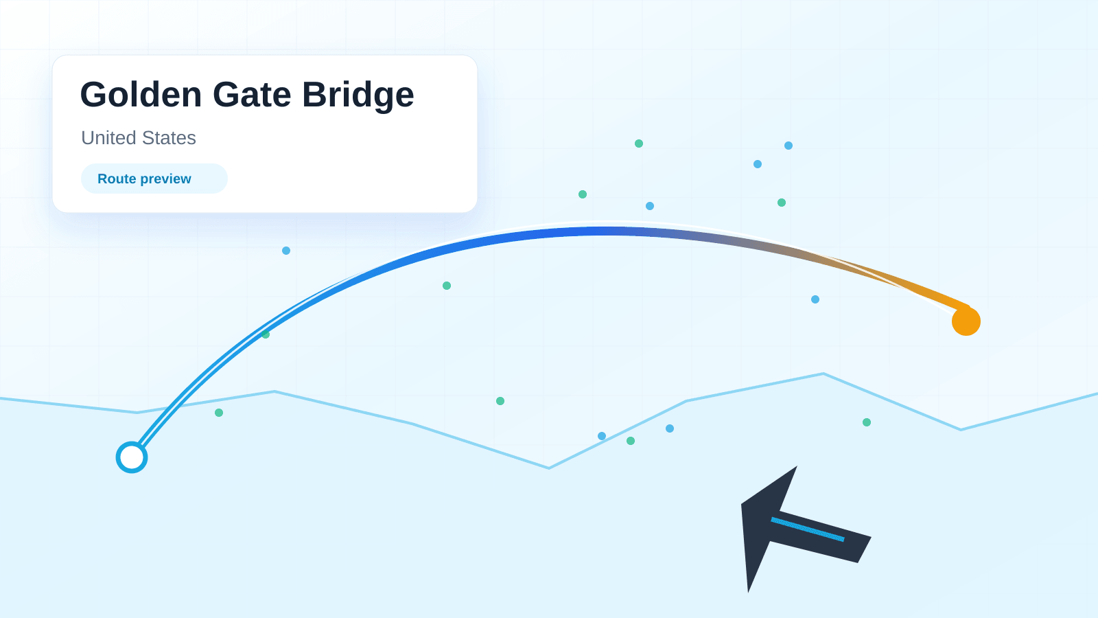 Golden Gate Bridge Google Earth Flight Simulator route preview showing a stylized aerial flight path, key visual landmarks, and companion planning cues for United States.