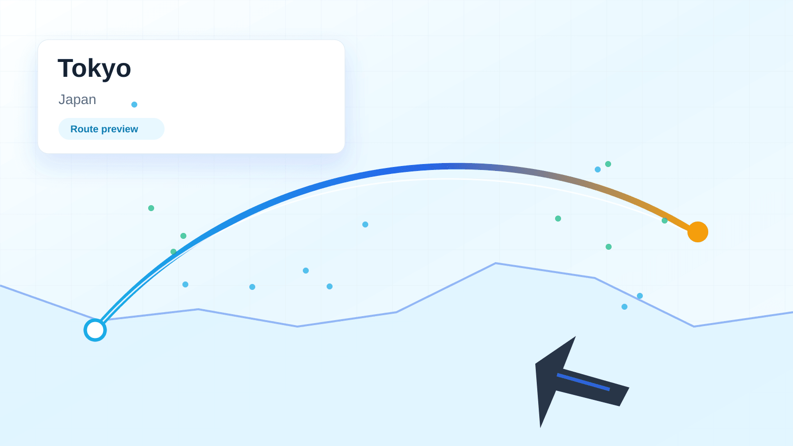 Tokyo Google Earth Flight Simulator route preview showing a stylized aerial flight path, key visual landmarks, and companion planning cues for Japan.